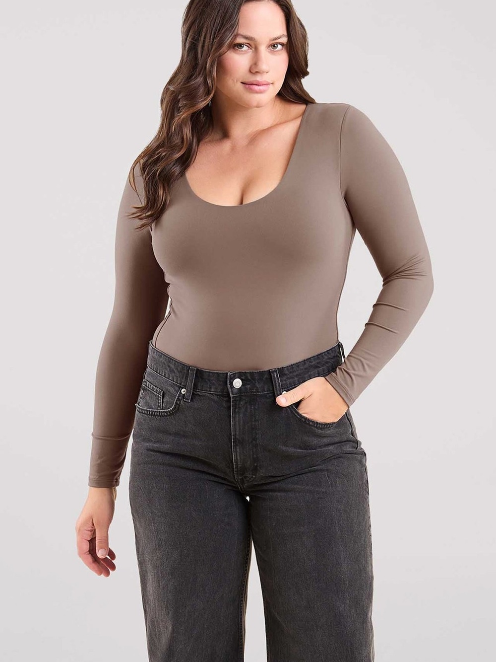 nuuds Scoop Neck Long Sleeve Double Lined Bodysuit in Taupe Size Medium
